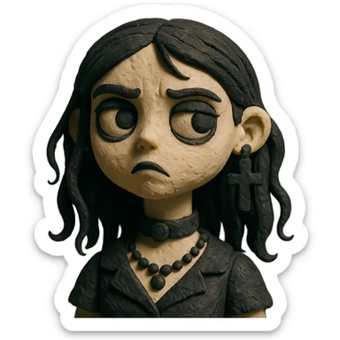 gothic girl, matte clay textures, gothic accessories, whimsical expression, claymation style sticker