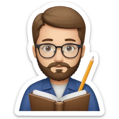bearded man with glasses studying sticker