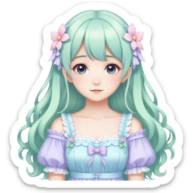 Cute kawaii gorgeous pretty anime pastel lady beautiful hair with gorgeous dress fairycore cottagecore detailed high quality trending aesthetic sticker