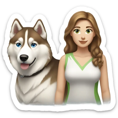 White Woman hair brown and bleus eyes and golden Husky With green eyes sticker