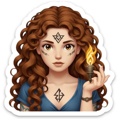 woman with long curly brown hair, brown eyes, white skin, tattoos, raising one eyebrow as a rune lights up “obvious” sticker