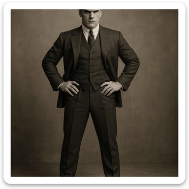 full body Tom Buchanan, 1920s fashion, imposing stance, tailored suit, slick hair, wealthy demeanor sticker