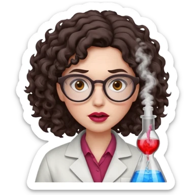 A crazy female scientist, with curly-wavy dark brown medium lenght hair, brown eyes and light grey glasses and pale skin and pinkish lips, dressed to look like an english teacher but in neutral tones like grey black white, maybe with the pop of dark red, with no girly colors, she should look mad sticker