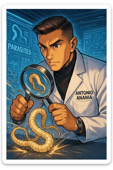 A dynamic manga/webtoon-style illustration of a young male kinesiologist wearing a clean white lab coat, analyzing light beige worms like a tapeworm under a magnifying glass. His expression is focused and slightly intrigued, with sharp, detailed eyes. The art style is vibrant, with bold linework, rich colors, and dramatic lighting. The background is a futuristic laboratory with glowing holographic screens displaying parasite data. The tapeworm is intricately drawn, slimy and segmented, with a slightly exaggerated yet realistic texture. The composition is dynamic, with motion lines or energy effects to emphasize his scientific investigation. The atmosphere is intense but not dark, keeping a balance between scientific seriousness and stylish manga aesthetics, he has "ANTONIO ANANIA" WRITTEN ON WHITE LAB COAT sticker