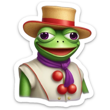 pepe the frog with red clown nose and purple hat and holding a salami sticker