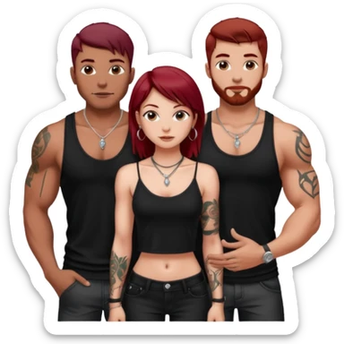 a pretty bratz fair girl with dark red straight hair, black cami top, silver dainty necklaces, rings, hoops, tattoos standing with two handsome lean but muscled guys sticker