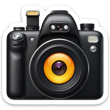 The camera features a solid black body with a shiny lens. sticker