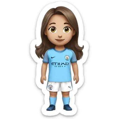 2 year old girl with long brown hair and eyes wearing Manchester City football shirt sticker