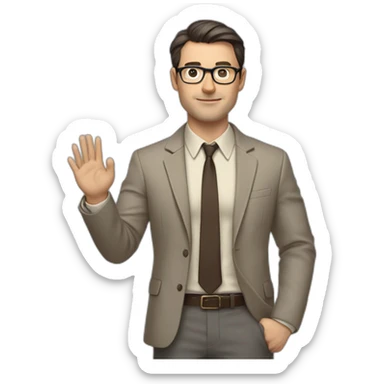 Full height Actively gesturing with hands Pale skinned fit man with dark brown hair in gray jacket, beige office shirt, brown tie, brown pants and vintage glasses. sticker