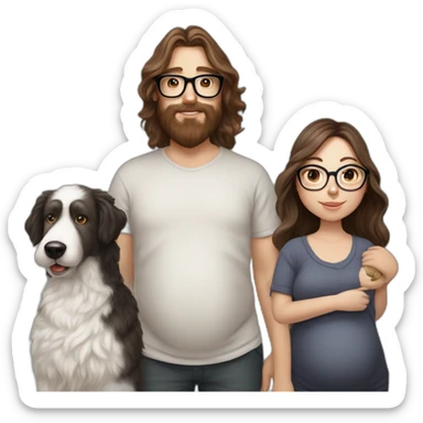 Hyperrealist Pregnant girl with half long brown hair with glasses, a boy with long beard, glasses and short hair and english sheepdog sticker