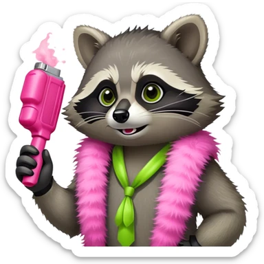 Raccoon wearing a lime green boa holding pink pepper spray sticker