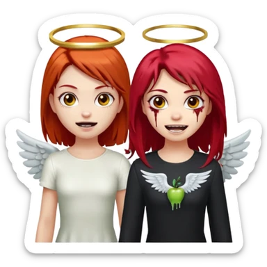 девушка ангел с нимбом и крыльями, с рыжими прямыми волосами по плечи, с улыбкой, стоит рядом с девушка зомби с темными длинными прямыми золосами, со злым выражением лица и ровными белыми зубами в стиле Apple avatar sticker