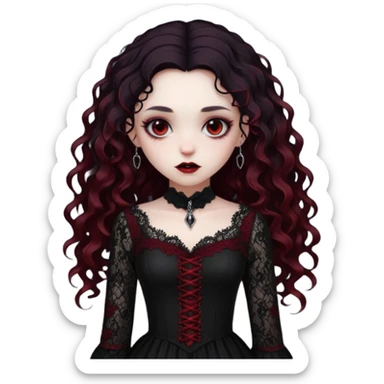 A girl with a dark red goth vampire look in a black goth lace dress with long sleeves longer black curly hair sticker