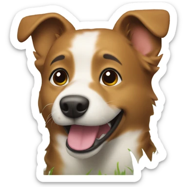 happy dog in the grass, right side of the face has brown fur sticker