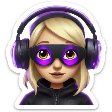 Russian cute blond girl wearing black hoody with violet letters "OMG", in vr headset. Cyberpunk style. Violet neon. sticker
