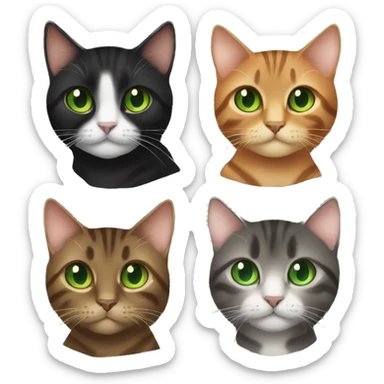 a brown tabby with green eyes, black tuxedo with green eyes, dark brown cat with orange eyes sticker