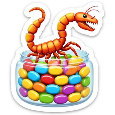 A 3D cartoon candy with a small scorpion inside, bright colors, clear reflection, realistic Memoji-style. sticker