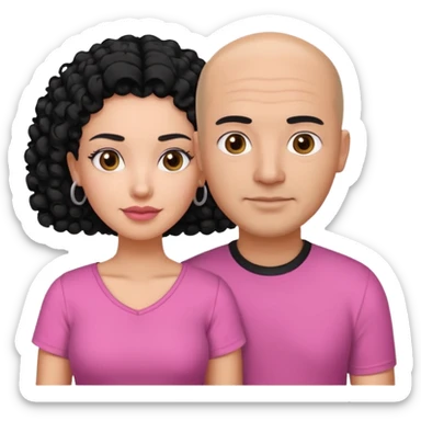 A picture if a couple. the man is a Mexican man with  black hair, a bald hair cut and black shirt on. the woman is mixed with black and white, with curly shoulder length hair and a pink shirt on sticker