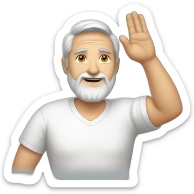 28 old man with dark brown hair and a 3 day beard wearing an oversized short sleeve white t-shirt waving hello sticker