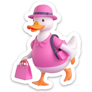A duck wearing a pink dress, a pink hat, and carrying a pink bag, walking, in a warm, cozy setting sticker