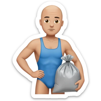 Bald frowning Man in speedo holding trash bags  sticker