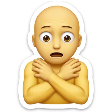 Yellow face emoji strangling itself with 2 arms crossed and hands saround neck and eyes looking up in fear sticker