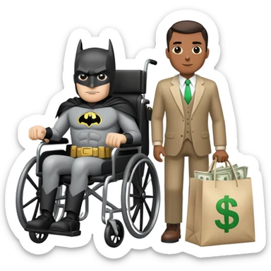 Batman and man in wheelchair with bags of cash behind him sticker