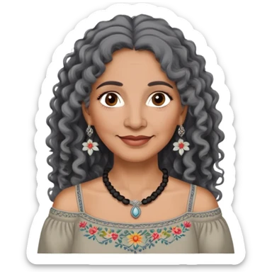 Latina woman, about 55 years old, dark warm brown skin, round soft face, long curly black and gray hair, no headband, medium eyes, thin eyebrows, gentle smile, gray peasant blouse with embroidery, bare shoulders, large dark necklace sticker
