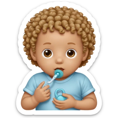 Close-up, newborn baby boy, curly hair, pacifier sticker