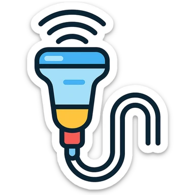 Add blue highlights to the ultrasound probe, keep the color outline icon style, and ensure clear medical device details. sticker