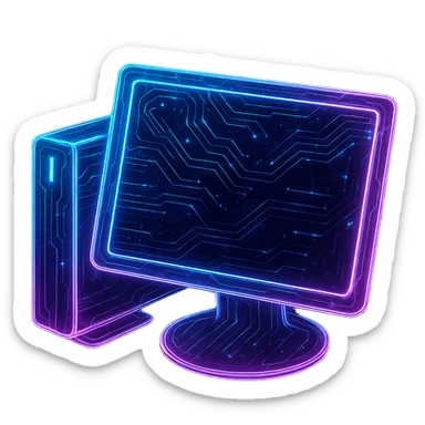 Transform the classic 'My PC' icon into a cyberpunk, holographic style with glowing neon blue and pink edges and circuit patterns throughout the entire icon. Maintain the recognizable desktop computer and monitor shapes, overlaying neon and circuit effects in a consistent futuristic, clean cyberpunk glow style with intricate circuit details. The whole icon should have a transparent background and a consistent cyberpunk glow, similar to previous cyberpunk icons. sticker