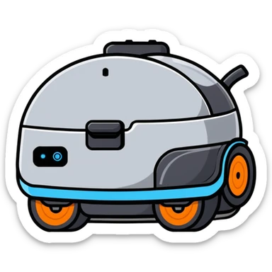 cute cleaning robot vacuum with blue, grey, and orange colors on wheels sticker