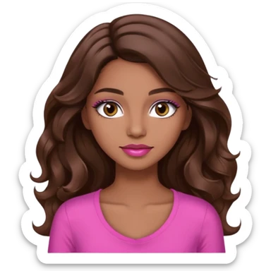 gorgeous woman, light brown skin, dark brown eyes, long wavy brown hair, pink top, wearing clear lipgloss and mascara  sticker