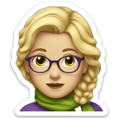 A girl with blonde medium hair and green eyes with glasses with purple scarf  sticker