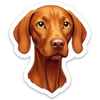 Cinematic Noble Vizsla Portrait Emoji, Poised and regal, with a sleek, athletic build and a short, smooth Fur of rust and gold, deep-set soulful amber eyes, Simplified yet sharp and sophisticated features, highly detailed, glowing with a soft, dignified glow, high shine, intelligent and agile, stylized with an air of determination, focused and attentive, soft glowing outline, capturing the essence of a watchful and confident companion, so majestic it feels as though it could sprint out of the screen with effortless authority! sticker