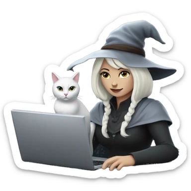 white witch who works an office job with a computer and a coffee and a book of spells sitting outside under a full moon with a cat sticker