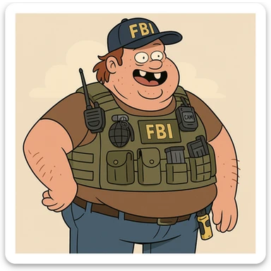 A big, overweight federal agent with prominent buck teeth, wearing a tactical vest loaded with all kinds of gadgets, looking like a redneck, cartoonish and humorous style sticker