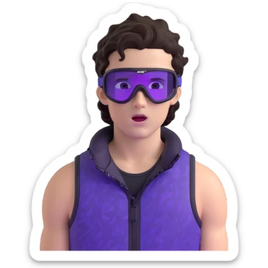 close-up of bad guy male athlete with white skin and moderately curly dark brown hair on top with shaved sides, wearing ski goggles with purple frames and very dark black lenses, a simple plain black chain necklace, and a completely unzipped sleeveless vest with purple and black sequin fire pattern design with no logo, with an extremely arrogant expression sticking his tongue out mockingly, looking menacing and villainous sticker