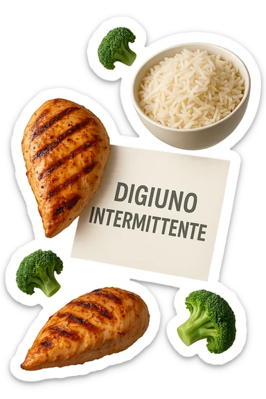 petto di pollo grigliato, bowl di riso basmati e broccoletti fluttuano in aria insieme ad un foglio con la scritta "DIGIUNO INTERMITTENTE", iperrealistico 4k sticker