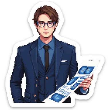 Flat pixel art, focused and reserved male architect, American, Caucasian features, short sleek brown hair, wearing glasses, intense sharp eyes, wearing a deep indigo suit jacket over a black shirt, holding a blue print, waist-up, front-facing sticker