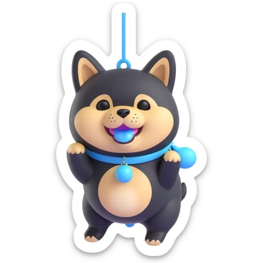 plump black shiba inu, blue bunny toy dangling from mouth, cheerful, suggestion of cheese smell sticker