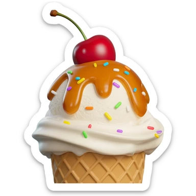 Hyperrealistic ice-cream sundae with caramel sauce, colorful and sparkly sprinkles,  with a cherry on top, extremely detailed, high quality, isolated, 3D rendering, 8k hd, 600 dpi. No emoji icons, no emoji faces, no human figures  sticker