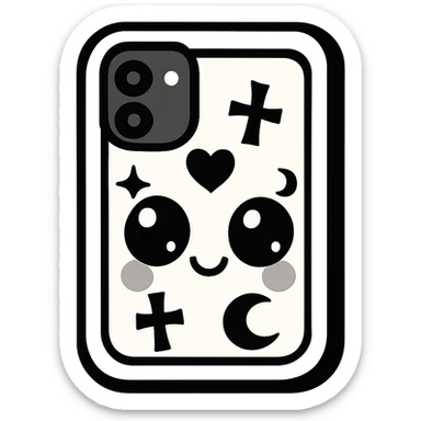 Change the color scheme to white and black, gothic kawaii phone case, big eyes, smiling, playful, cartoonish, gothic symbols, vibrant toon style, no background. sticker