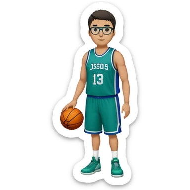 Full Body plus size tall white male with dark short hair basketball player wearing glasses wearing blue green uniform sticker