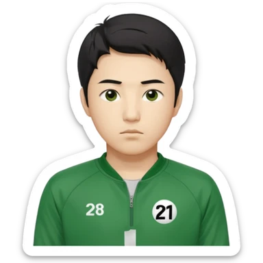 "Illustrate Cho Sang-woo (Player 218), Korean male, neat black hair, serious face, green tracksuit with number 218 bold on chest & sleeve.. sticker