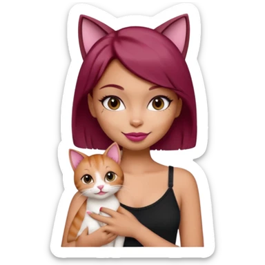 generate a pretty bratz girl with short dark red hair holding a cat smiling. Wearing a black cami sticker