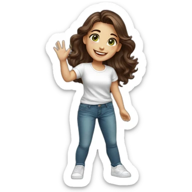 beautiful girl, white, with wavy dark brown hair, green brown eyes, smiles at the camera and waves her hand, standing, good teeth, white t shirt, blue jeans, sneakers, realistic drawing sticker