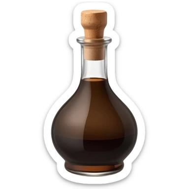 small glass bottle of balsamic vinegar, deep brown or ruby, glossy and thick, round or square base, long neck, cork or metallic cap, dark glass, subtle transparency, blank label optional, 3D-rendered, minimal, no faces, transparent background sticker