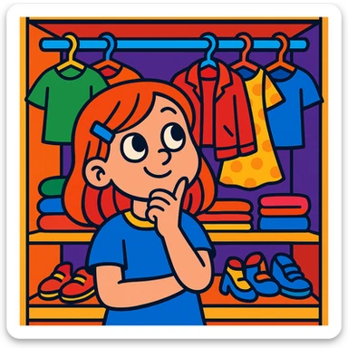 girl with hand on chin, closet full of clothes, playful, vibrant style, colorful, cartoon style sticker