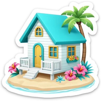 cute beach house, turquoise and white, colorful details, tropical flowers, 3D cartoon, mobile game icon style, clean background, no text, no watermark
 sticker